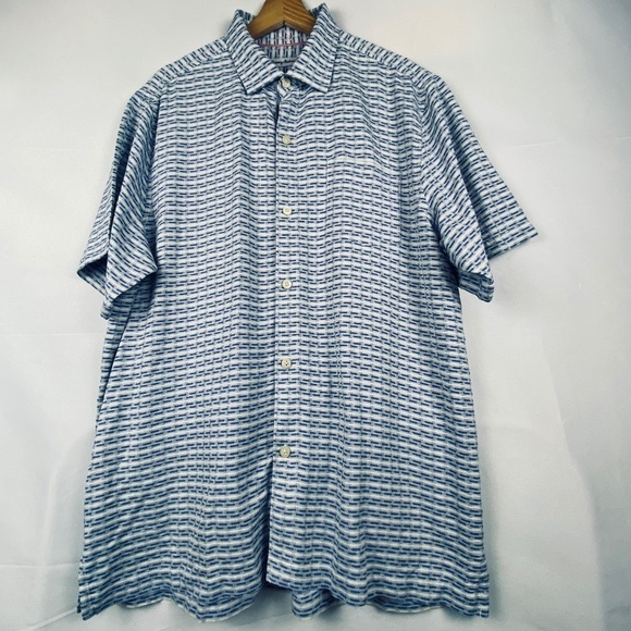 Tommy Bahama Men's Sz XL 100% Silk Short Sleeve Button Down Shirt blue Geometric - Picture 1 of 15